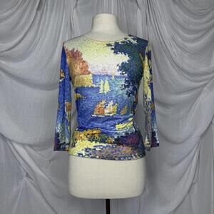 Vintage Indie Boho Bellissima Scenic Print Long Sleeve Top (M)